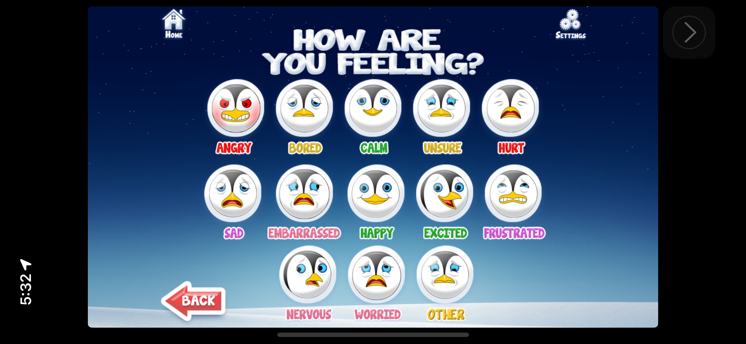 The 'How are you feeling' screen showing twelve emotional penguins.